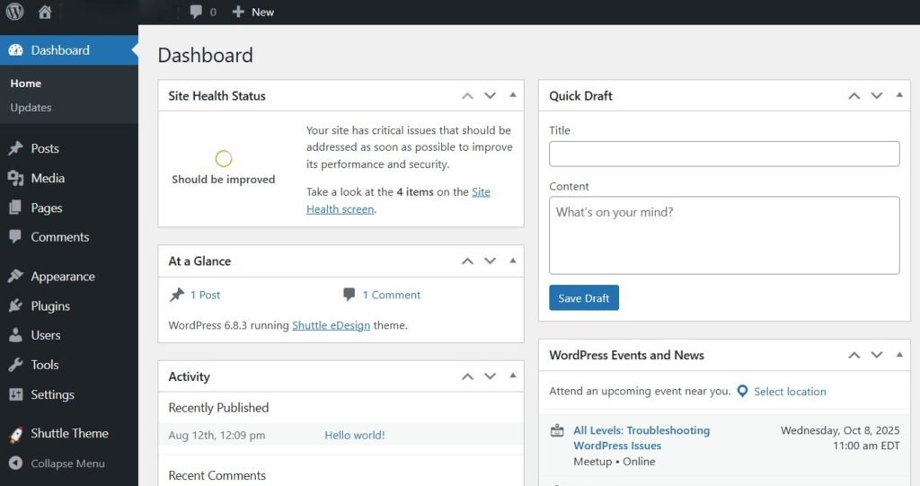 wordpress dashboard